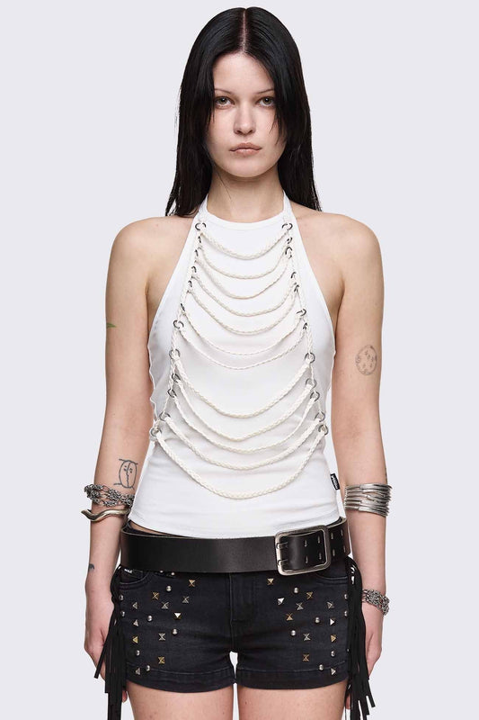 Minga London Unravel White Layered Chain Halter Top