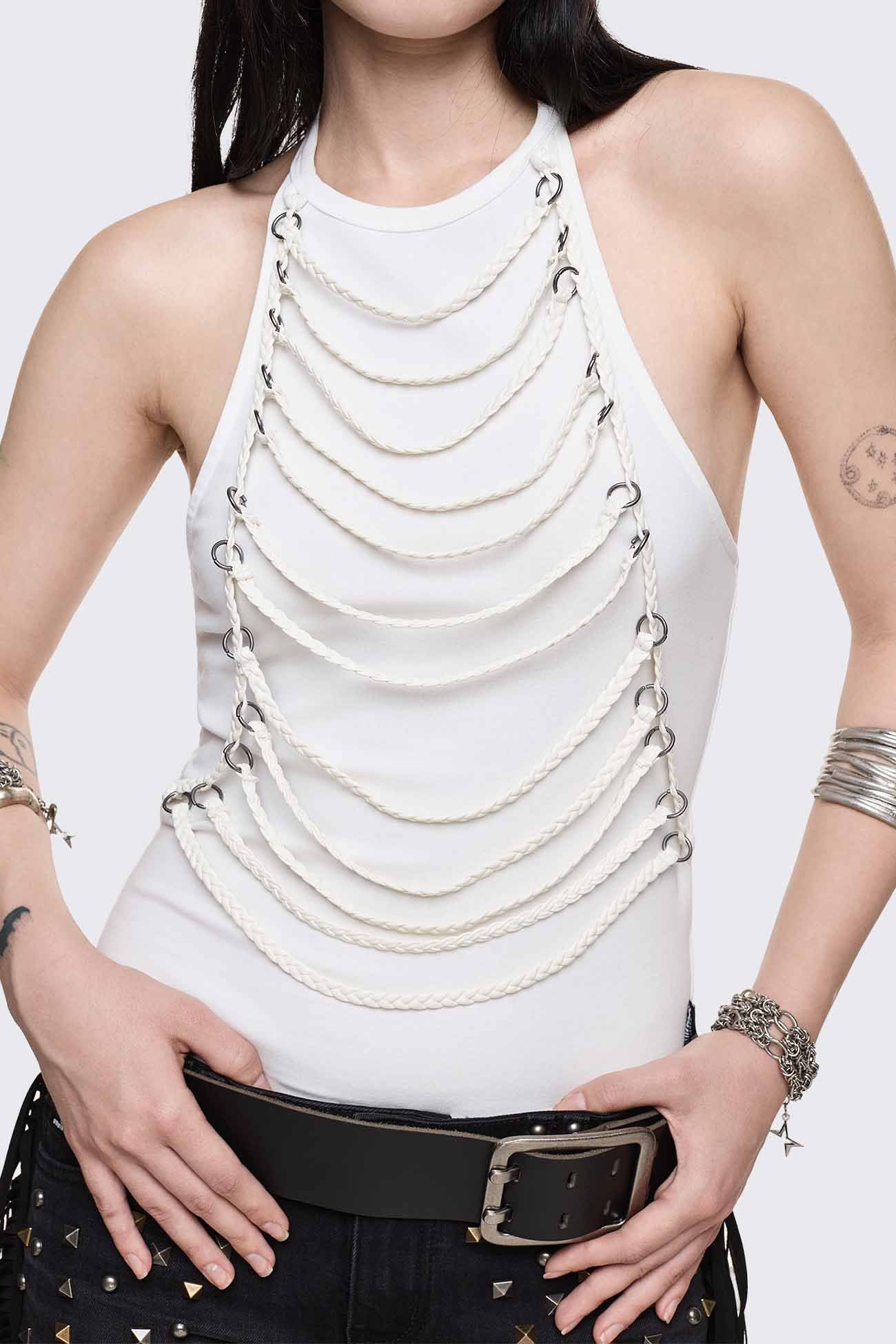 Minga London Unravel White Layered Chain Halter Top