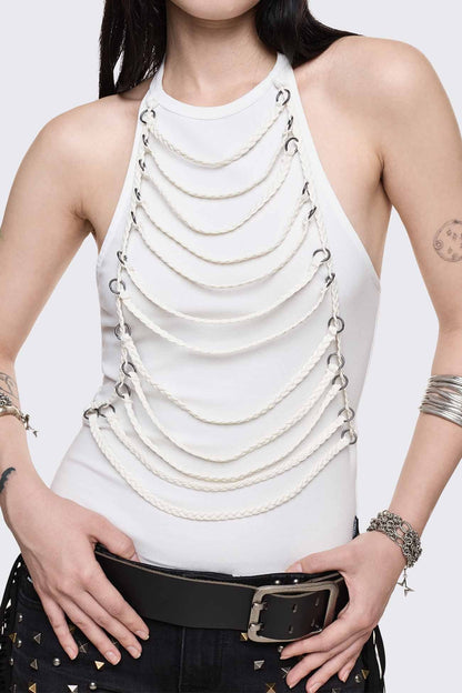 Minga London Unravel White Layered Chain Halter Top