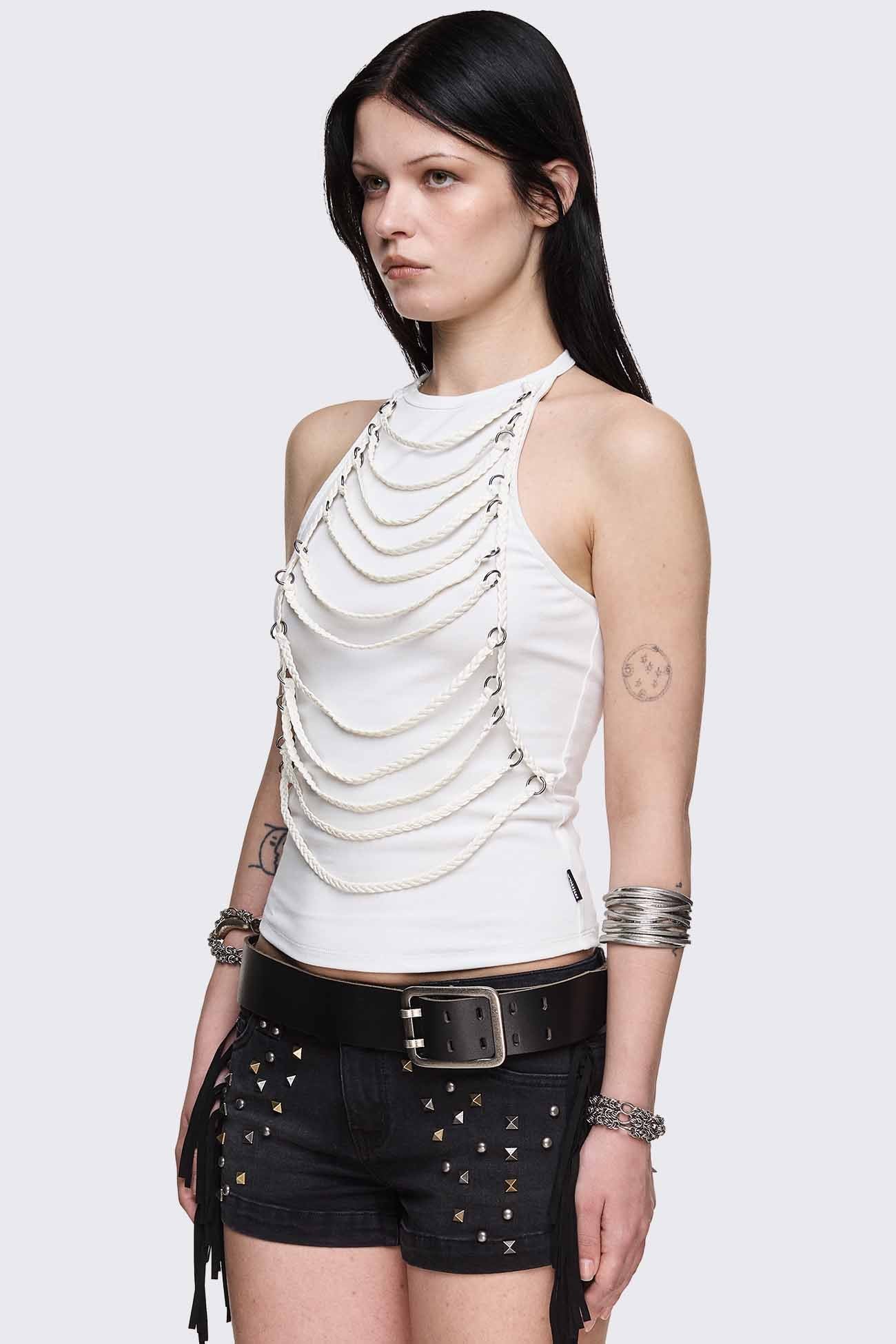 Minga London Unravel White Layered Chain Halter Top