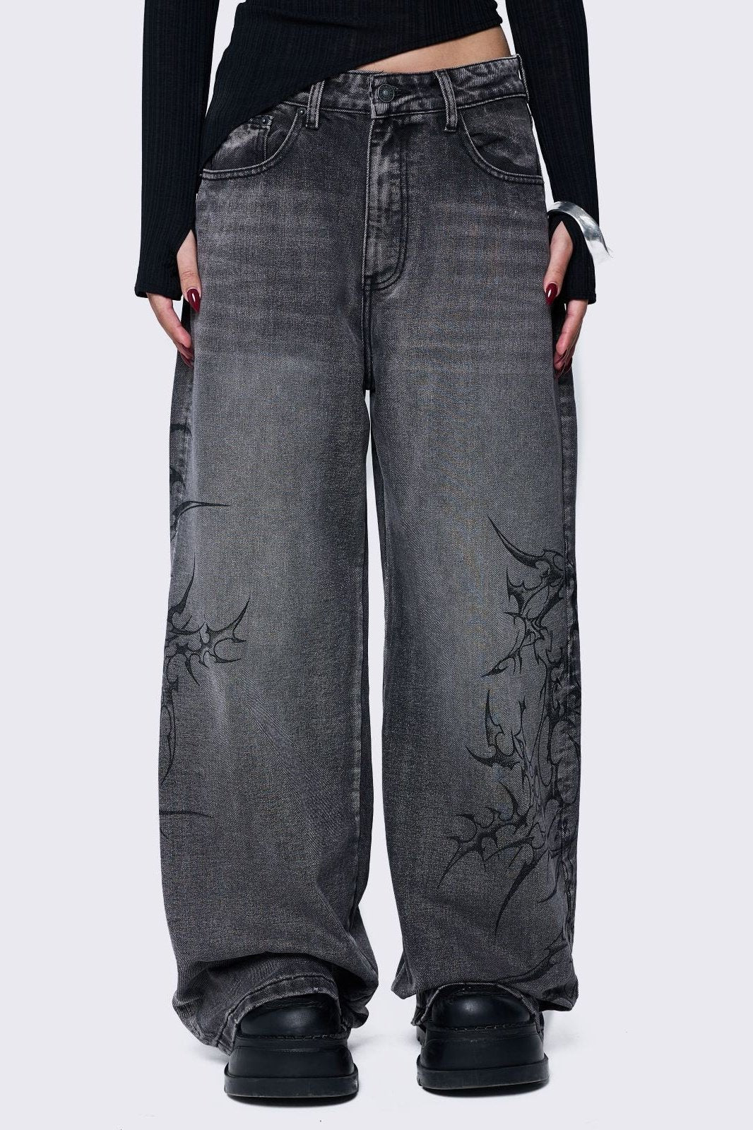 Minga London Blaze Grey Graphic Baggy Jeans
