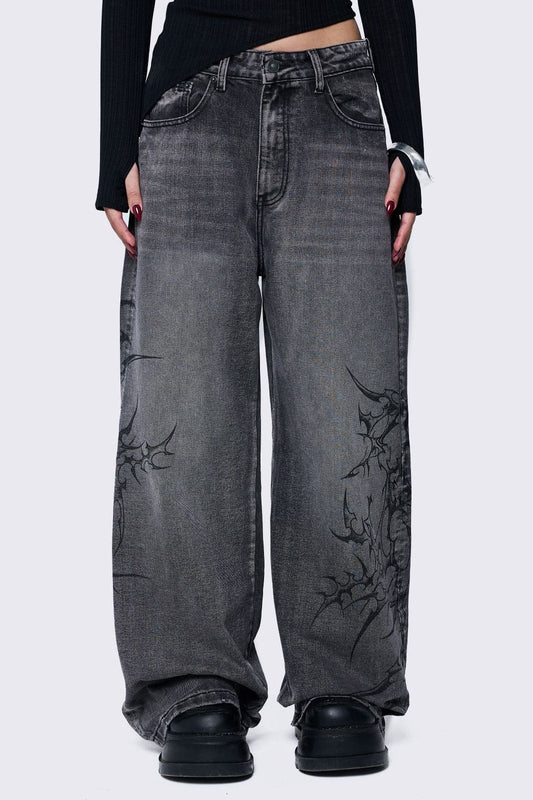 Minga London Blaze Grey Graphic Baggy Jeans