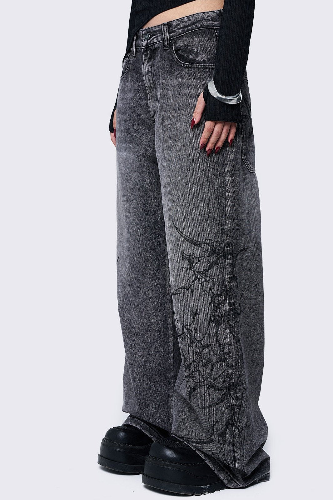 Minga London Blaze Grey Graphic Baggy Jeans