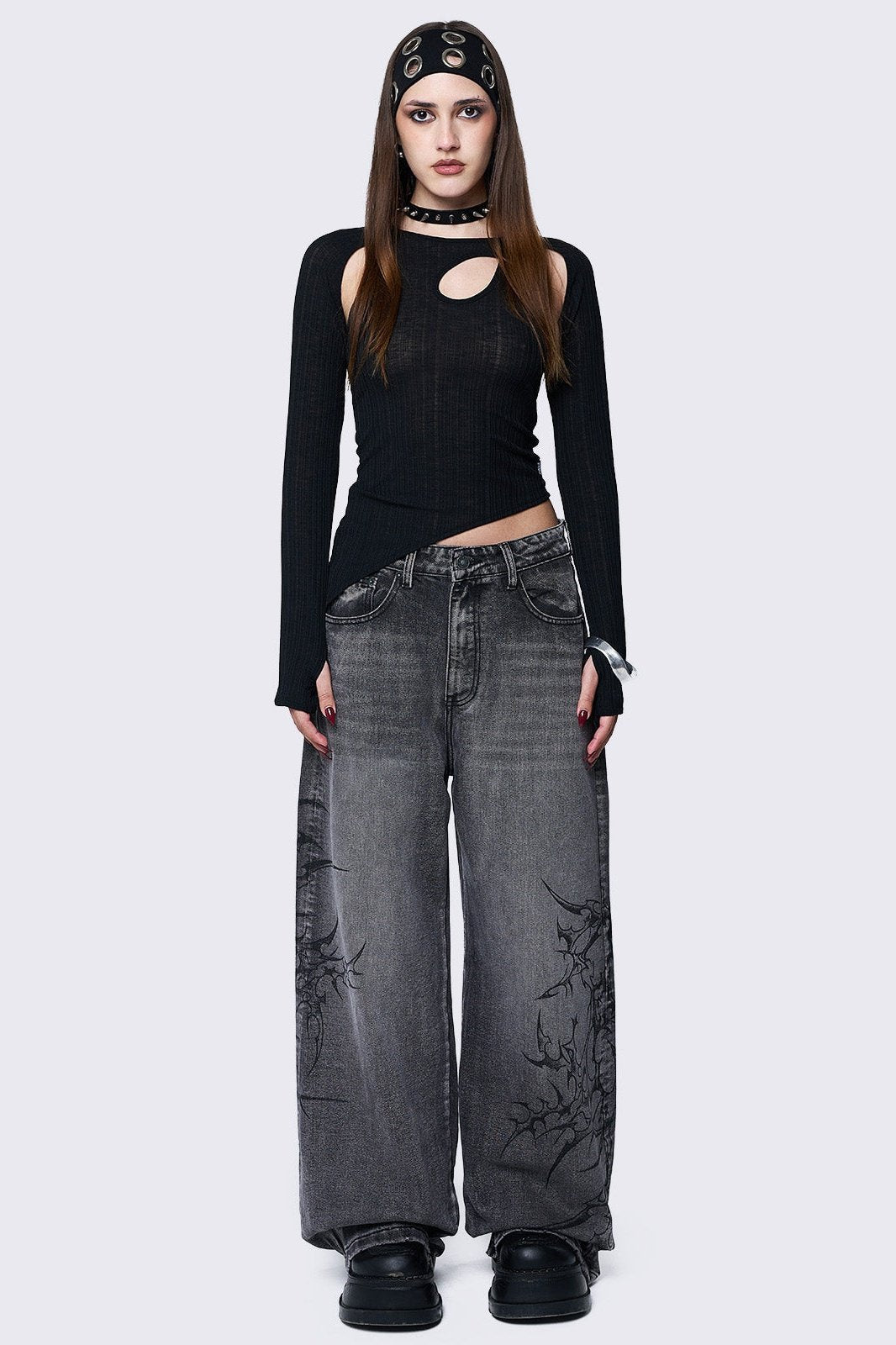 Minga London Blaze Grey Graphic Baggy Jeans