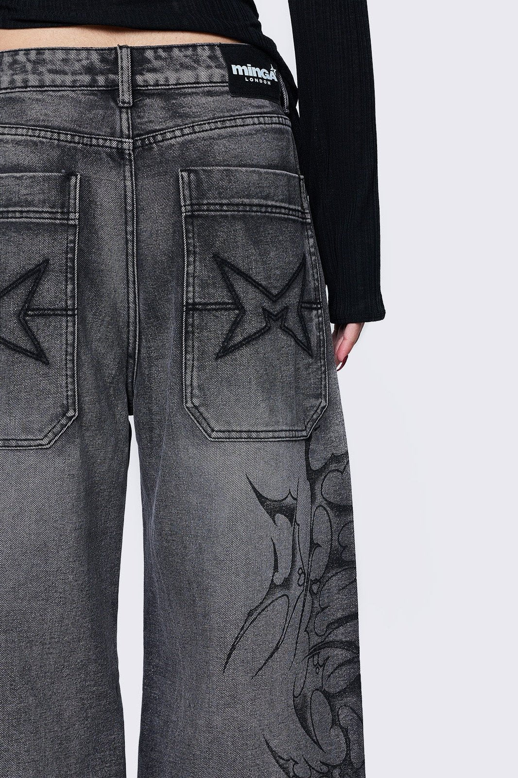 Minga London Blaze Grey Graphic Baggy Jeans