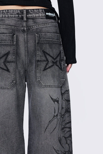 Minga London Blaze Grey Graphic Baggy Jeans