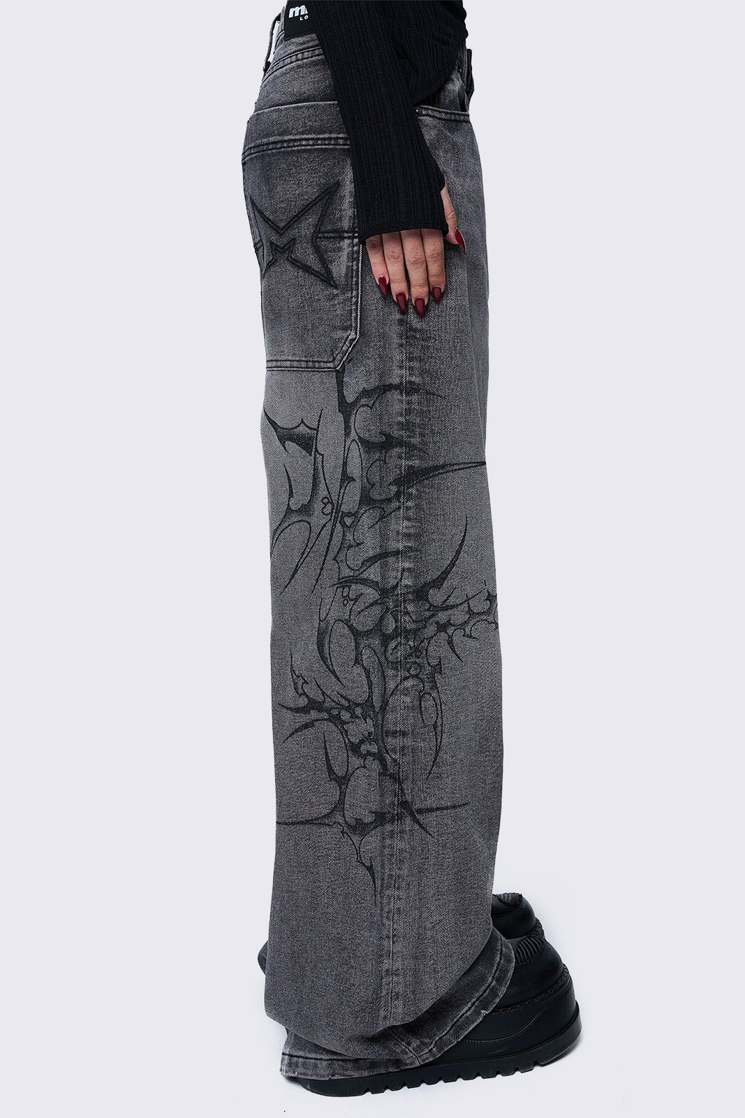Minga London Blaze Grey Graphic Baggy Jeans