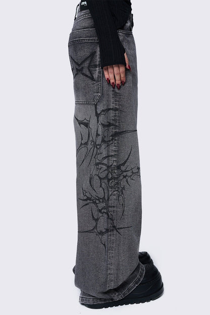 Minga London Blaze Grey Graphic Baggy Jeans