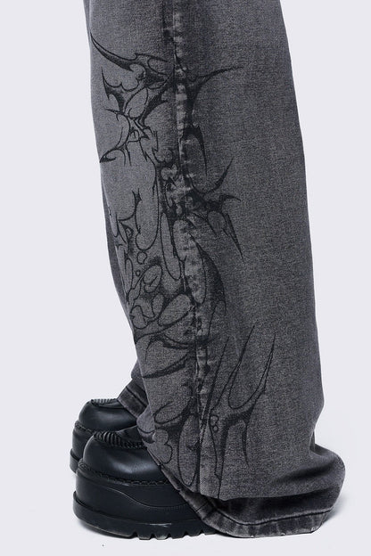 Minga London Blaze Grey Graphic Baggy Jeans