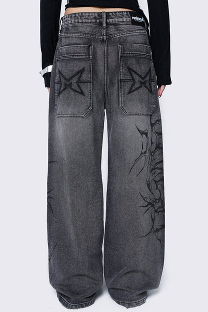 Minga London Blaze Grey Graphic Baggy Jeans