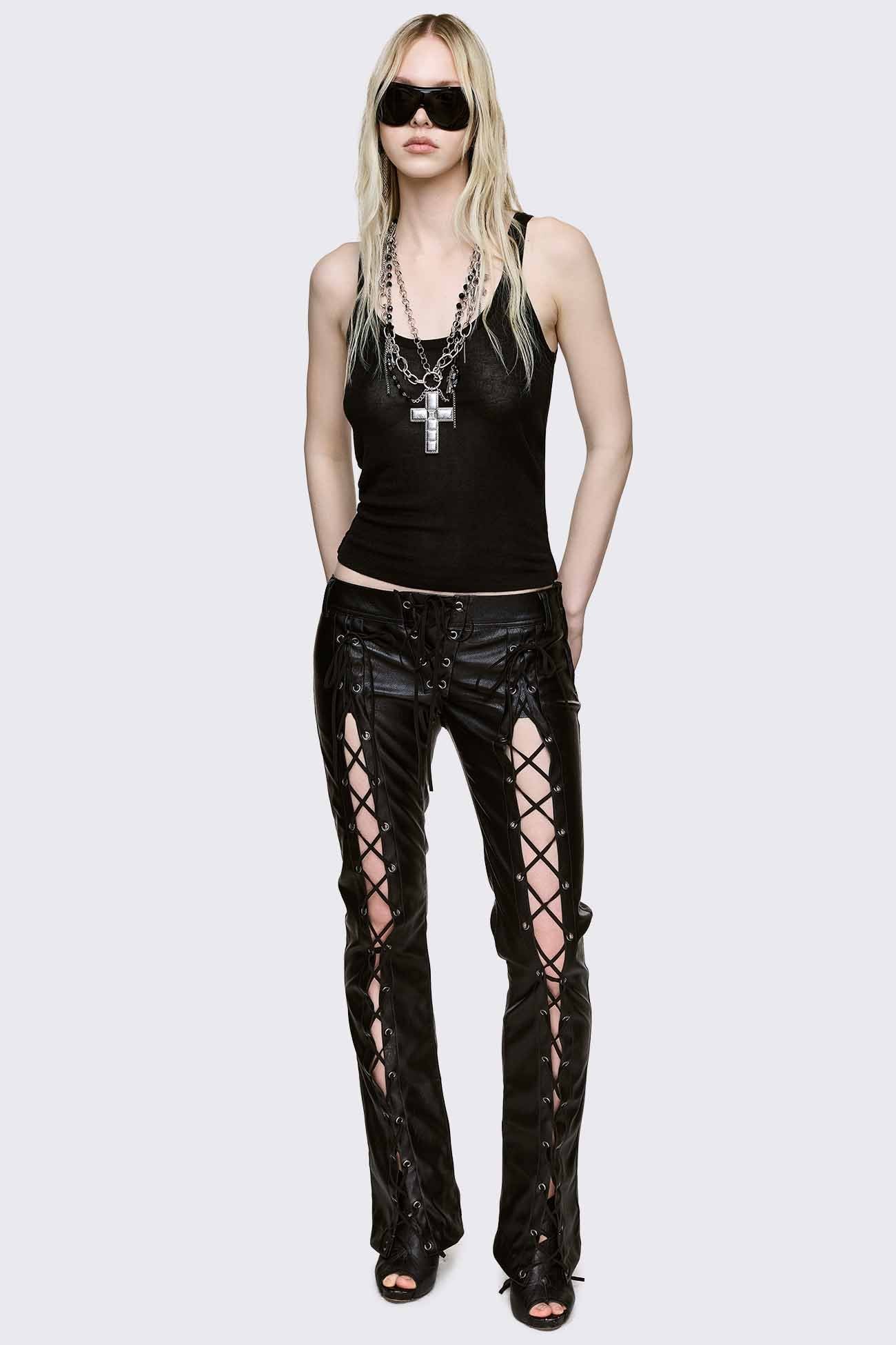 Minga London Deb Lace-Up Faux Leather Flared Pants