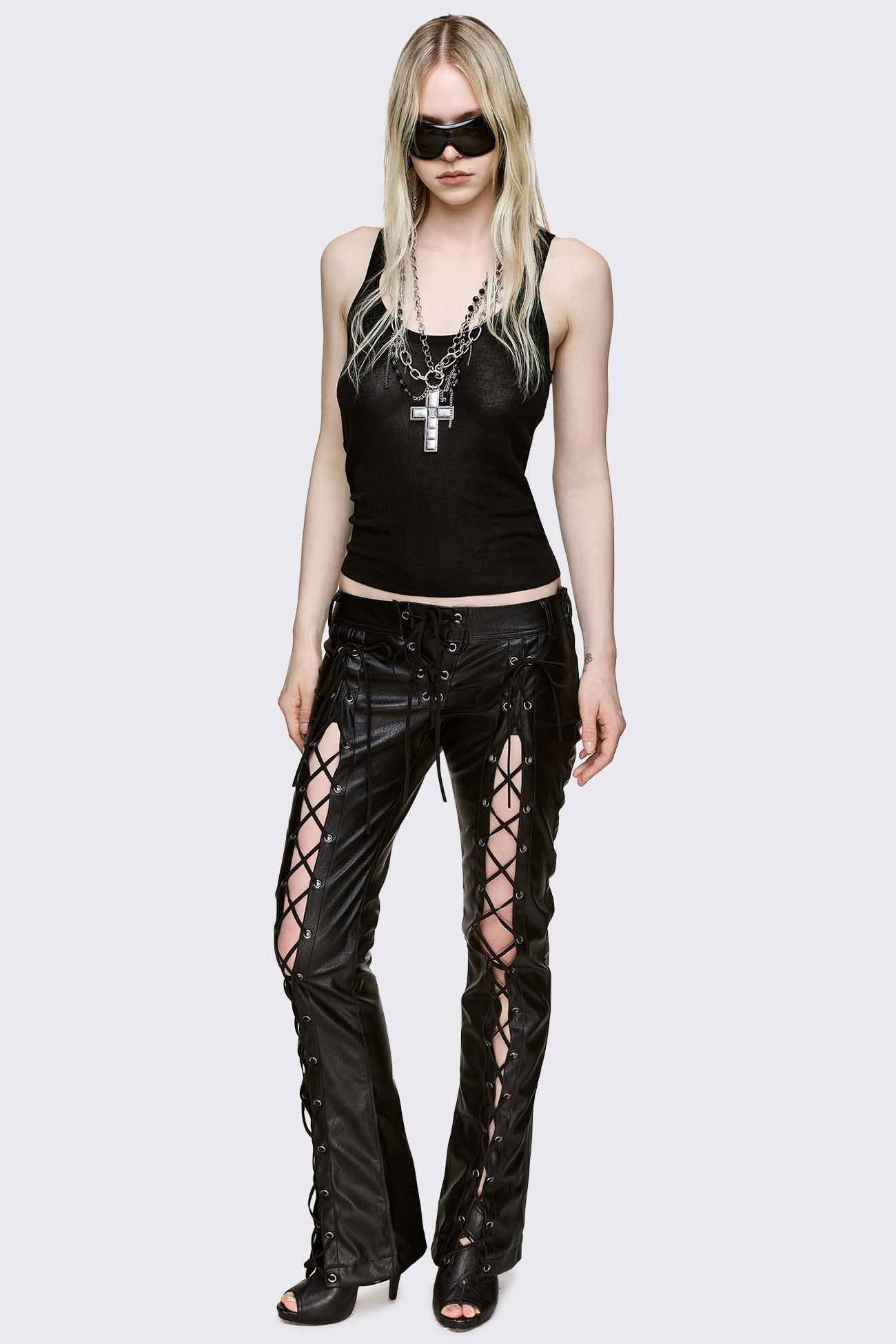 Minga London Deb Lace-Up Faux Leather Flared Pants