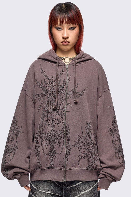 Minga London Enigmatic Brown Washed Zip Up Hoodie