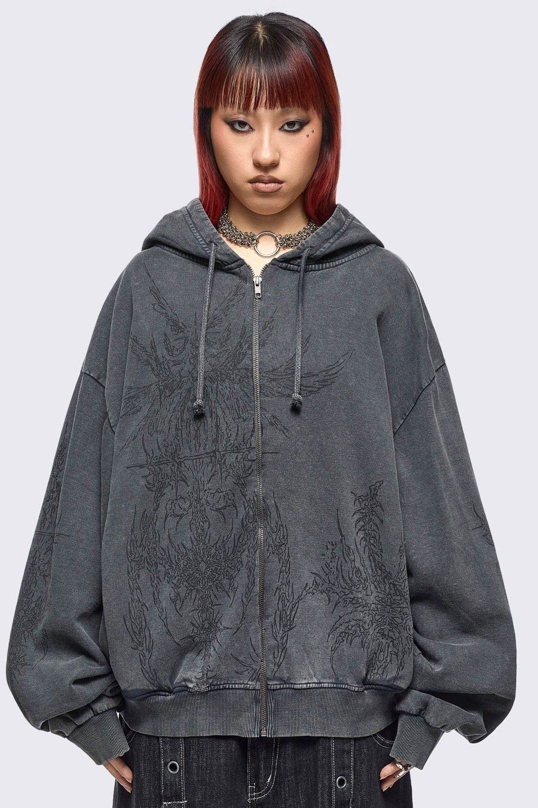 Minga London Enigmatic Grey Washed Zip Up Hoodie
