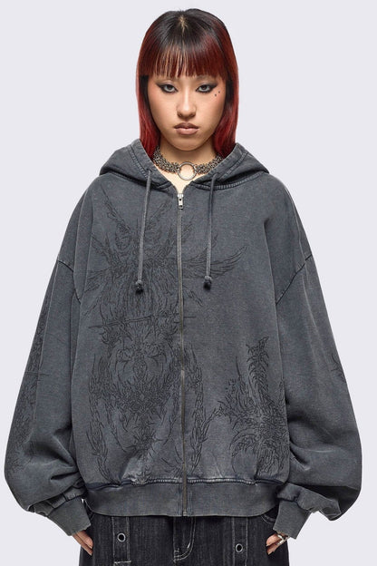 Minga London Enigmatic Grey Washed Zip Up Hoodie