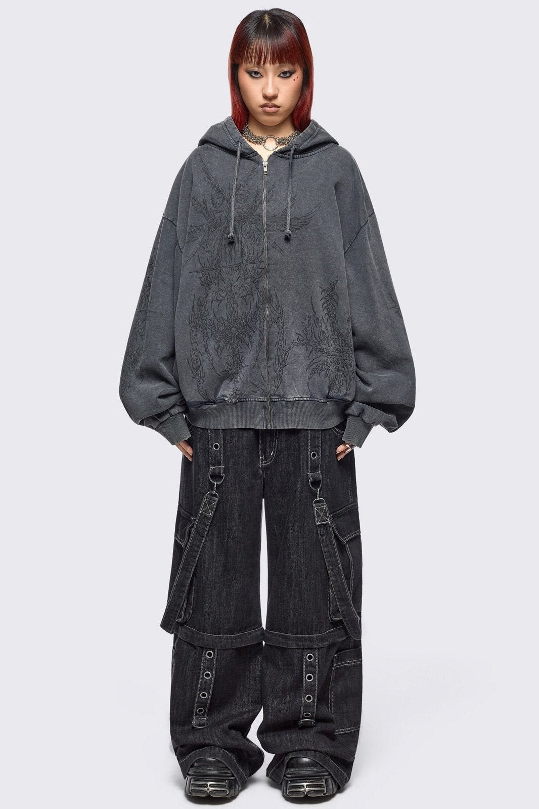 Minga London Enigmatic Grey Washed Zip Up Hoodie