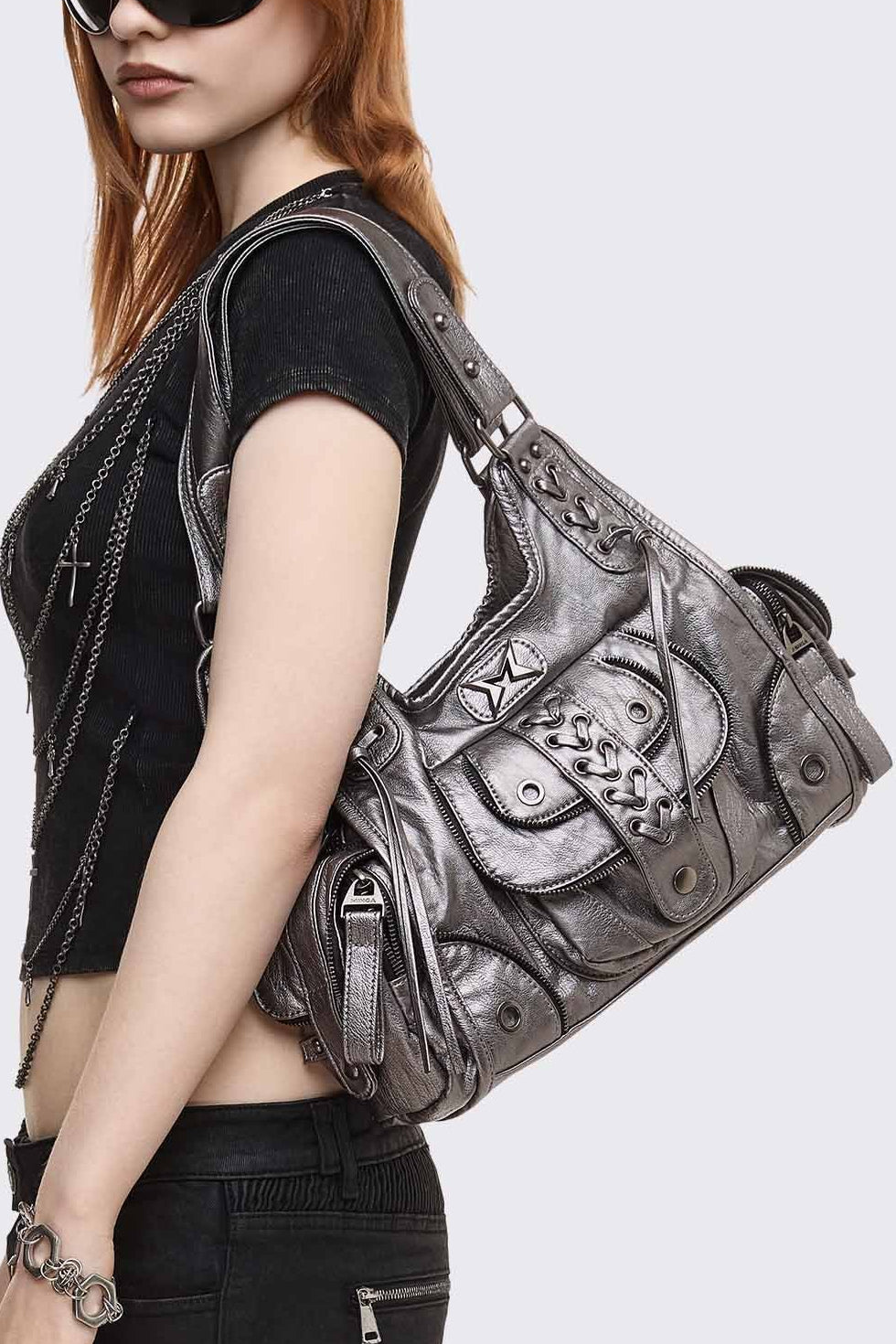 Minga London Jules Silver Faux Leather Shoulder Bag