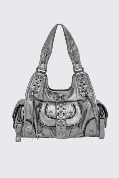 Minga London Jules Silver Faux Leather Shoulder Bag