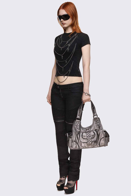 Minga London Jules Silver Faux Leather Shoulder Bag