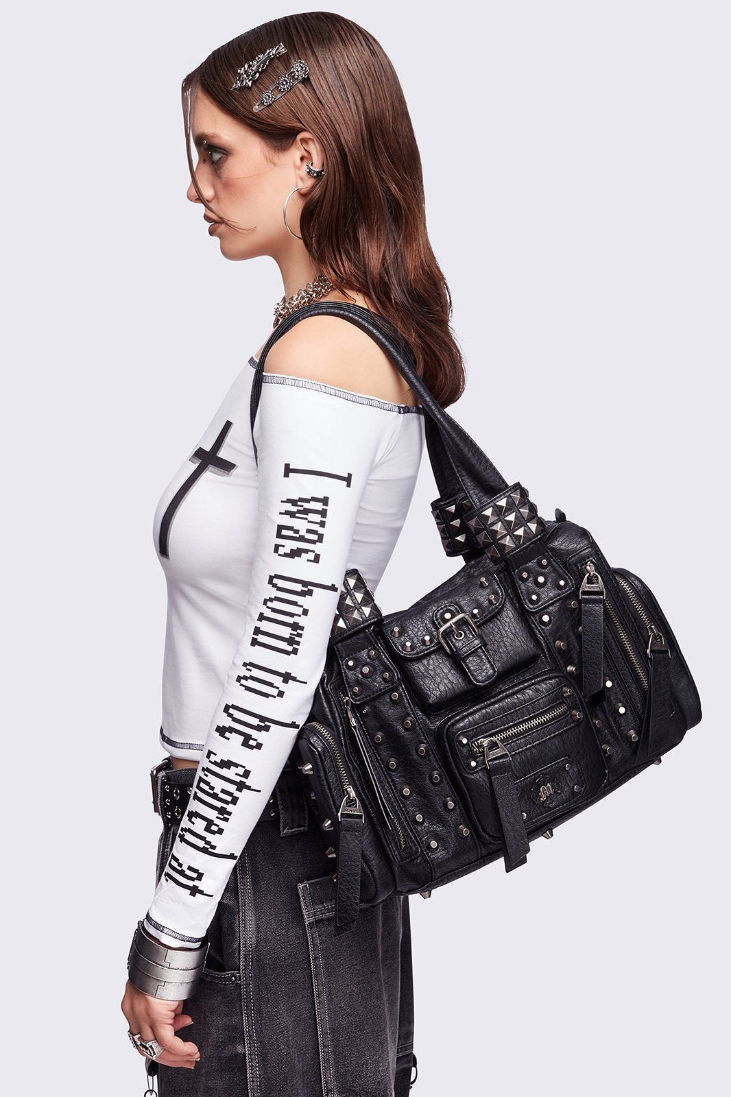Minga London Myrrh Black Studded Faux Leather Shoulder Bag