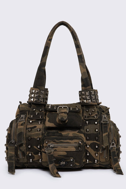 Minga London Myrrh Camo Studded Shoulder Bag