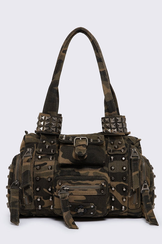Minga London Myrrh Camo Studded Shoulder Bag