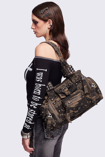 Minga London Myrrh Camo Studded Shoulder Bag