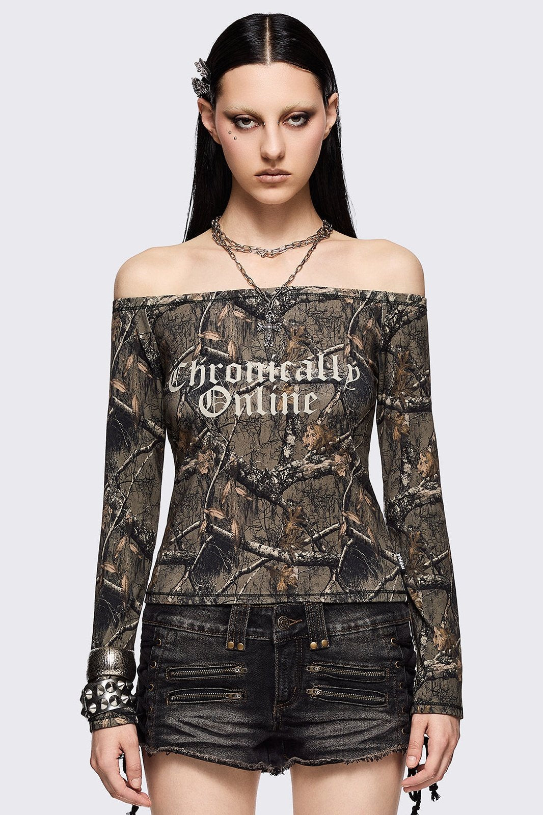 Minga London Forest Tree Camo Off-Shoulder Top