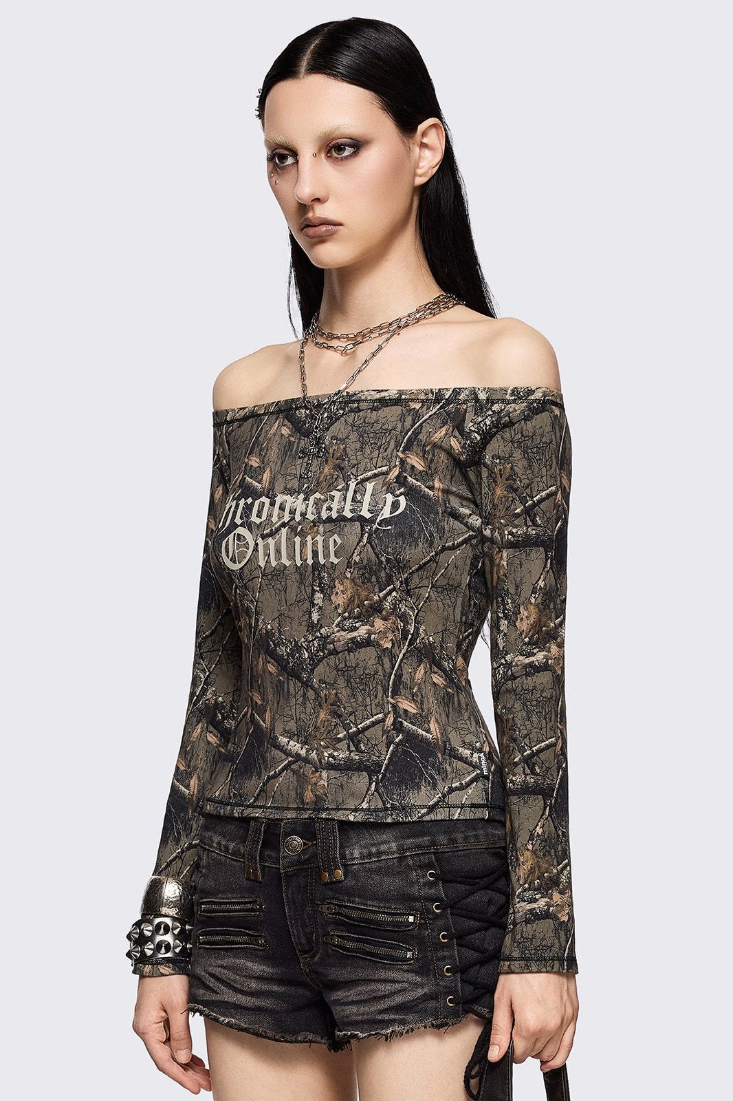 Minga London Forest Tree Camo Off-Shoulder Top