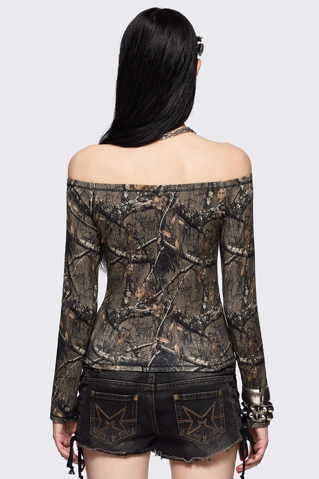 Minga London Forest Tree Camo Off-Shoulder Top