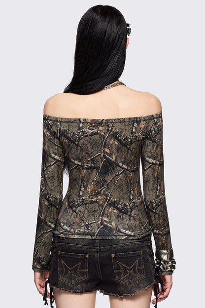 Minga London Forest Tree Camo Off-Shoulder Top