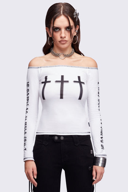 Minga London Look at Me White Off-Shoulder Top