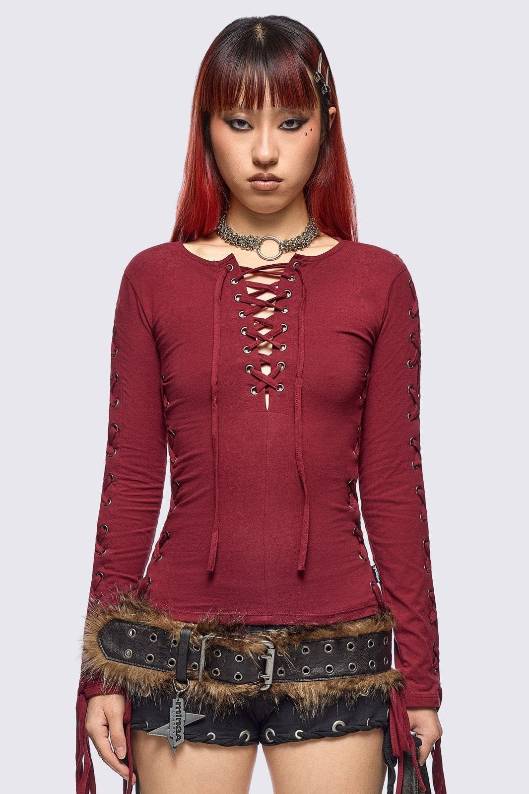 Minga London Khaela Burgundy Lace-Up Top