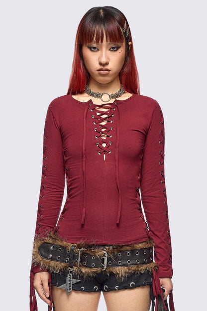 Minga London Khaela Burgundy Lace-Up Top