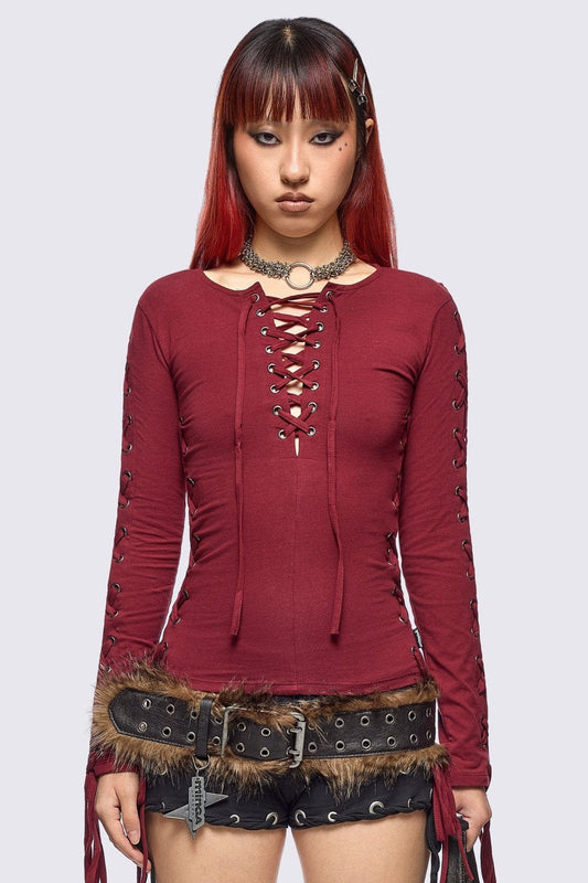 Minga London Khaela Burgundy Lace-Up Top