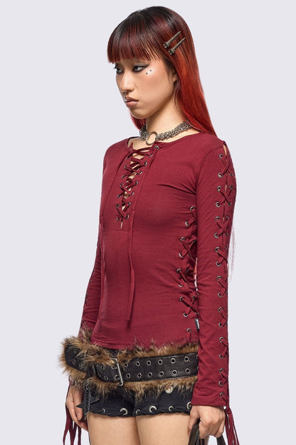 Minga London Khaela Burgundy Lace-Up Top