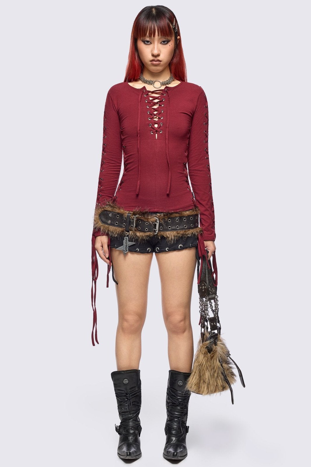 Minga London Khaela Burgundy Lace-Up Top