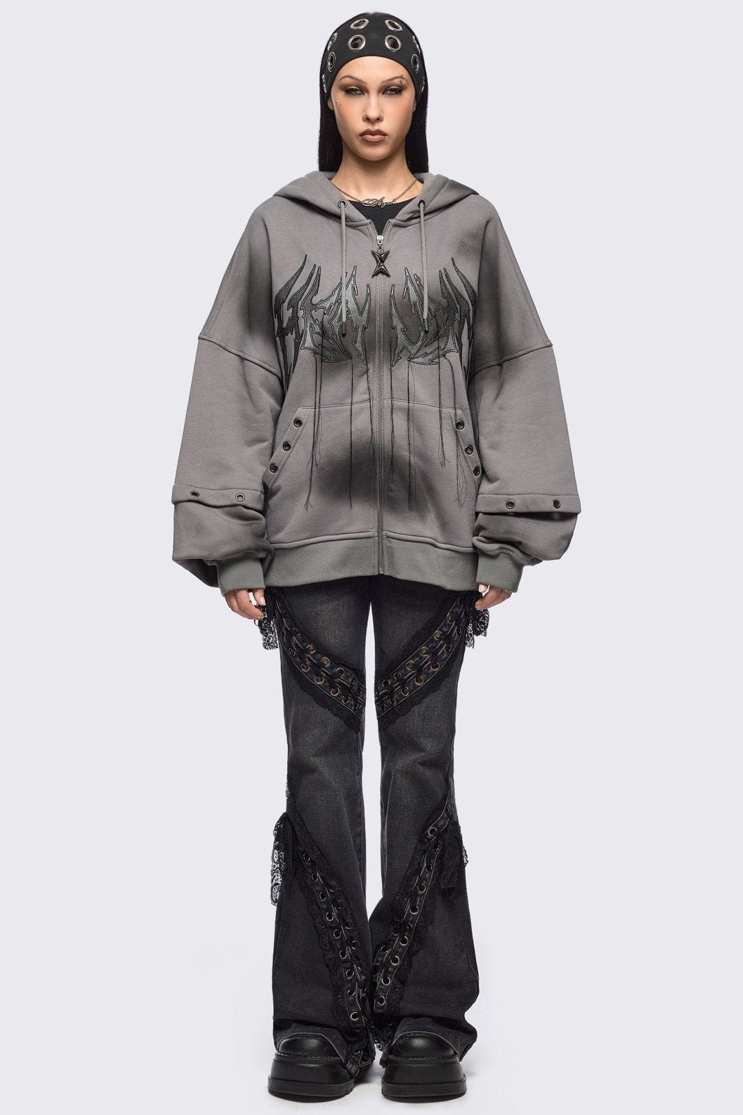 Minga London Heaven Grey Washed Zip Up Hoodie
